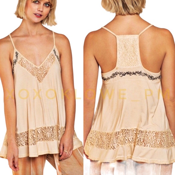 POL Tops - POL Honey Gold Boho Embroidered Racerback Tank Top